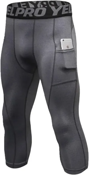 1 or 3 Pack Men's 3/4 Compression Pants, Dry Fit Men Running Leggings, Workout Basketball Capri Tights with Pocket