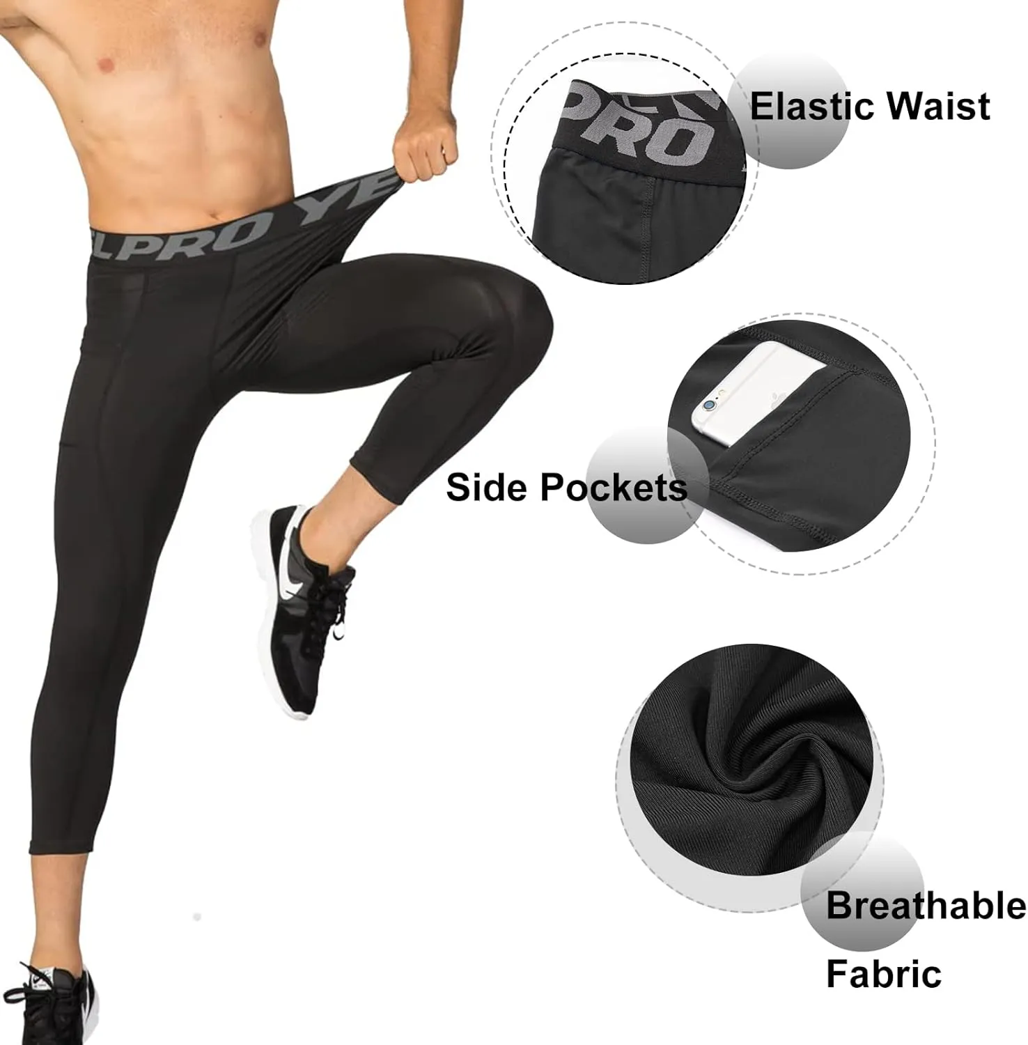 1 or 3 Pack Men's 3/4 Compression Pants, Dry Fit Men Running Leggings, Workout Basketball Capri Tights with Pocket
