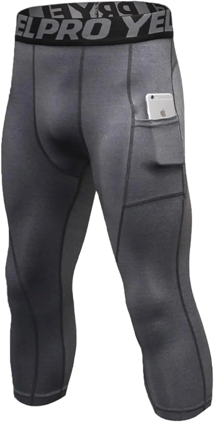 1 or 3 Pack Men's 3/4 Compression Pants, Dry Fit Men Running Leggings, Workout Basketball Capri Tights with Pocket