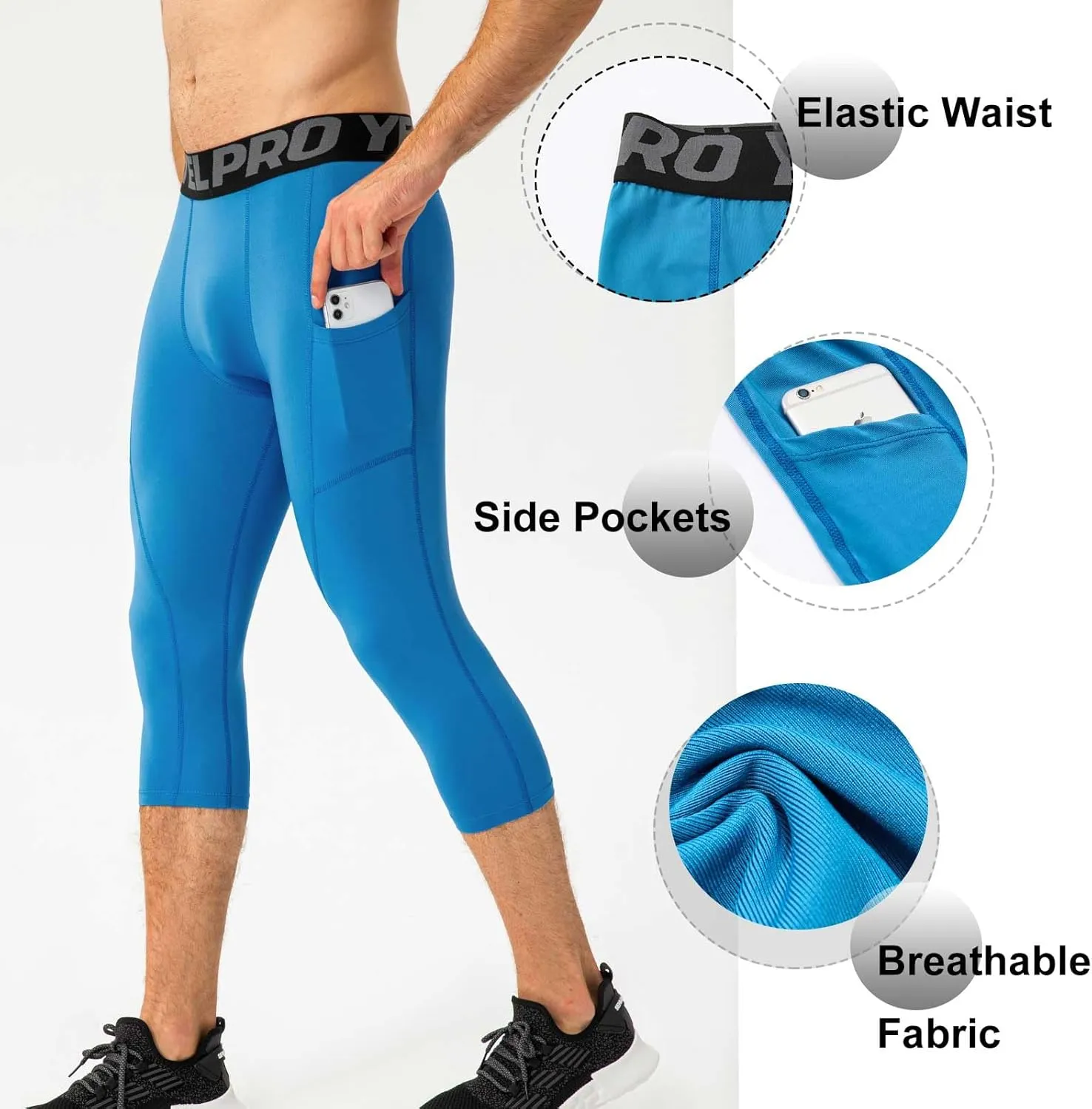 1 or 3 Pack Men's 3/4 Compression Pants, Dry Fit Men Running Leggings, Workout Basketball Capri Tights with Pocket