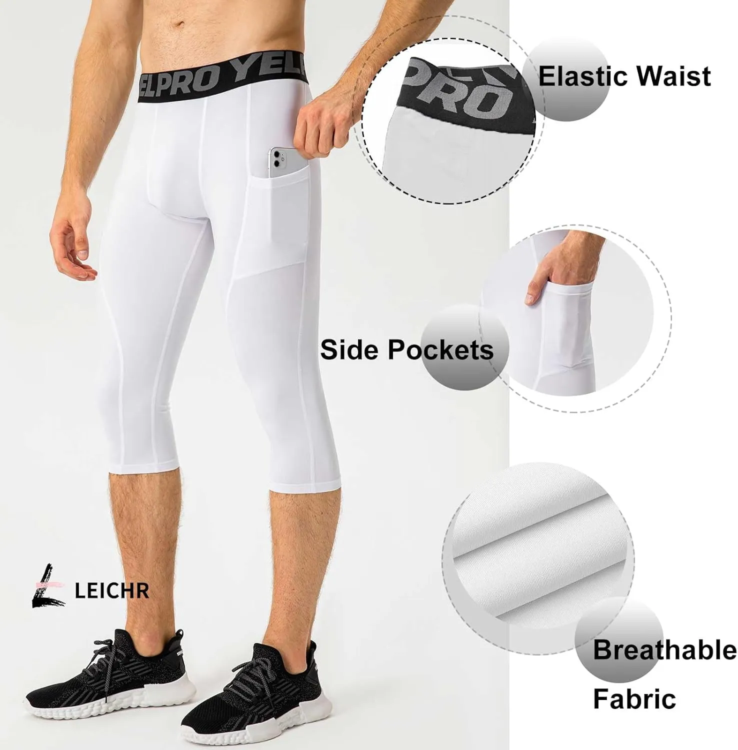 1 or 3 Pack Men's 3/4 Compression Pants, Dry Fit Men Running Leggings, Workout Basketball Capri Tights with Pocket