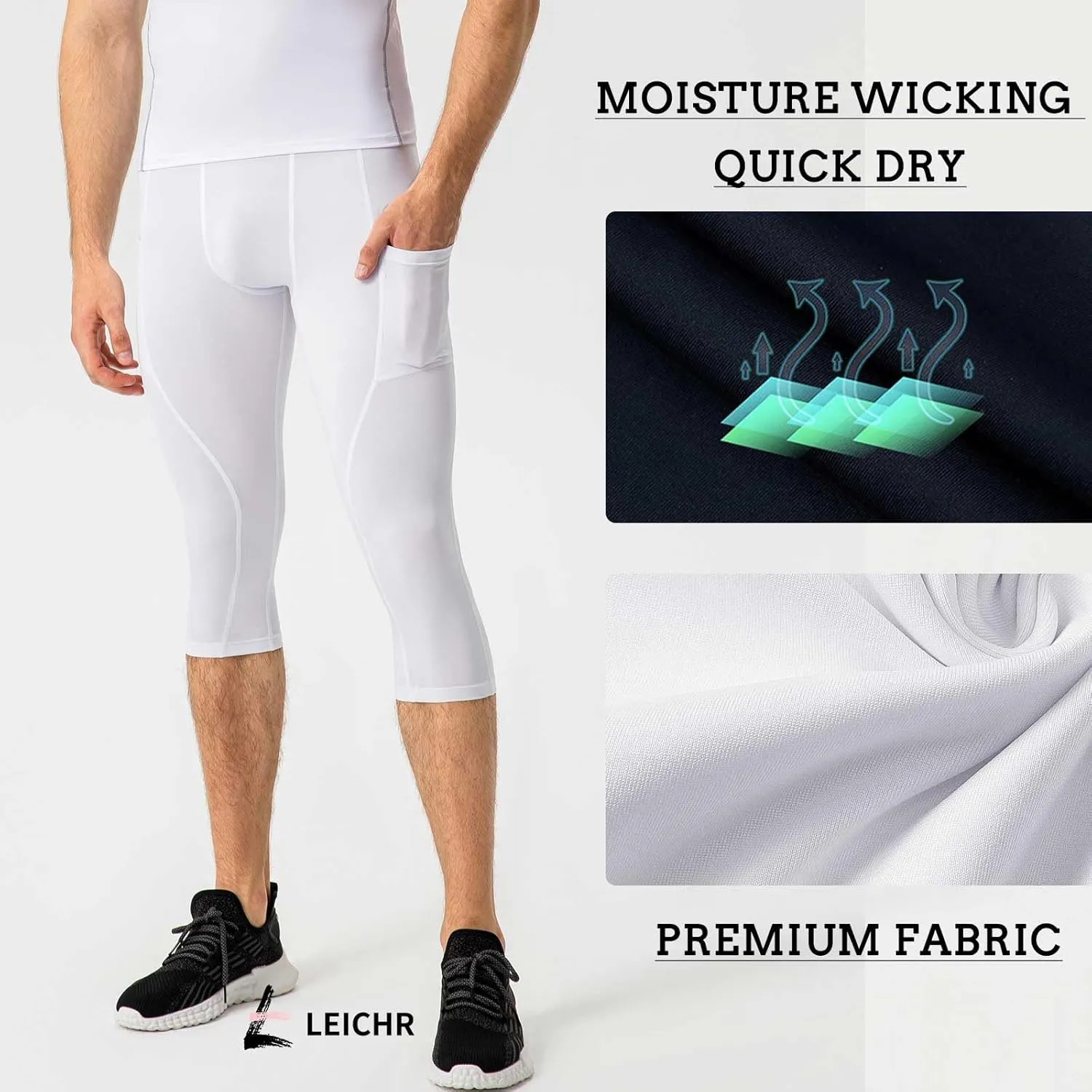 1 or 3 Pack Men's 3/4 Compression Pants, Dry Fit Men Running Leggings, Workout Basketball Capri Tights with Pocket