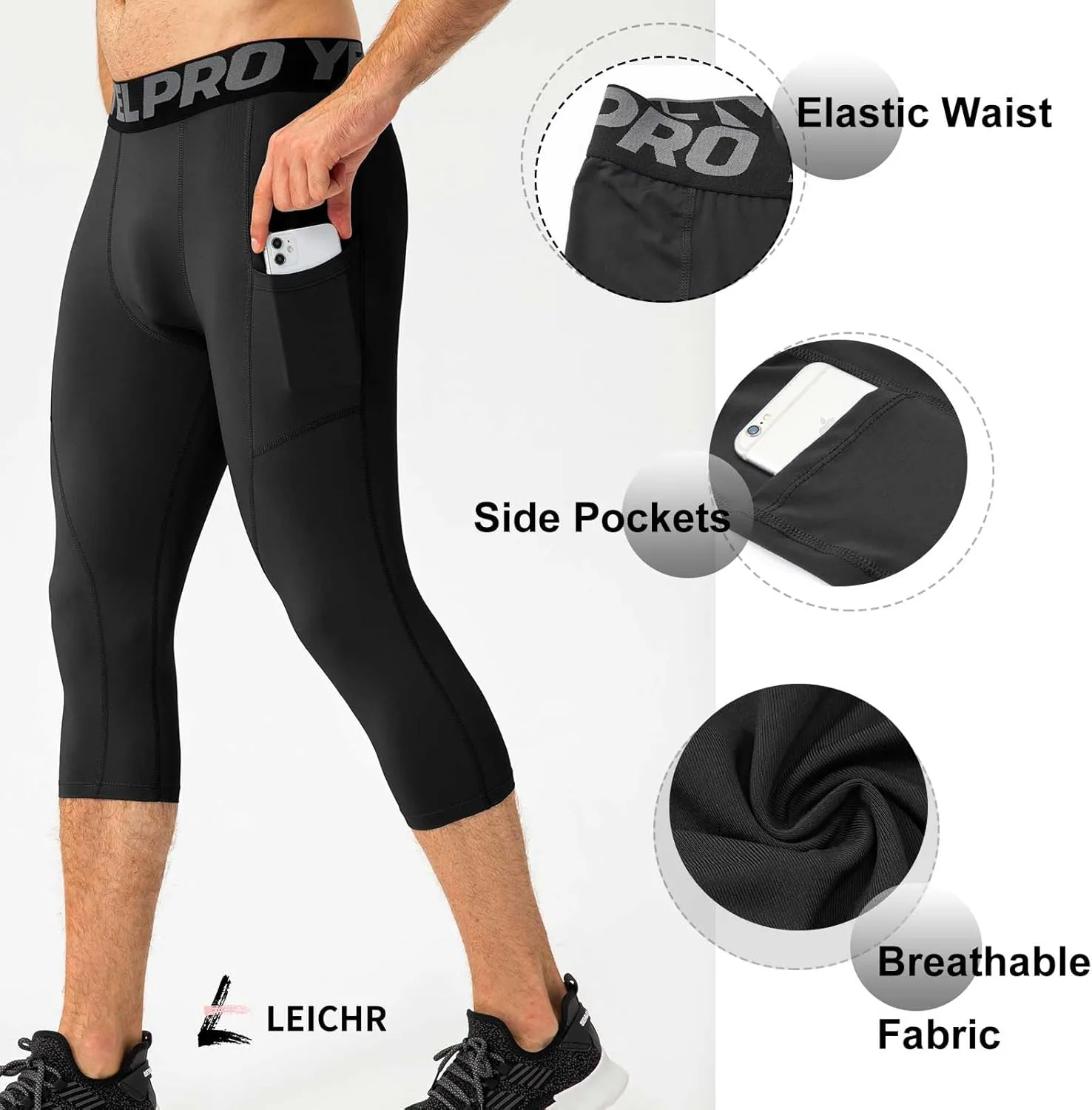 1 or 3 Pack Men's 3/4 Compression Pants, Dry Fit Men Running Leggings, Workout Basketball Capri Tights with Pocket