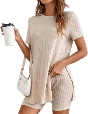 2 Piece Lounge Set Women Ribbed Knit Short Sleeve Loose Top and Bodycon Shorts Pajamas Sets Soft Sleepwear Outfits