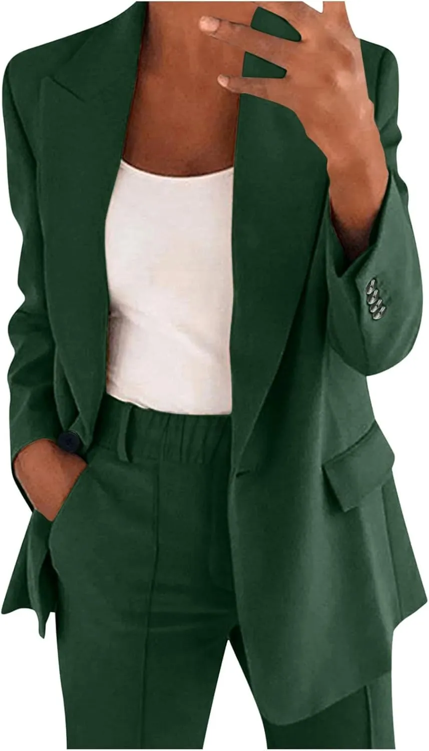 2 Piece Outfits for Women Dressy Blazer Jackets High Waisted Straight Leg Pants Suits Set Business Casual Office