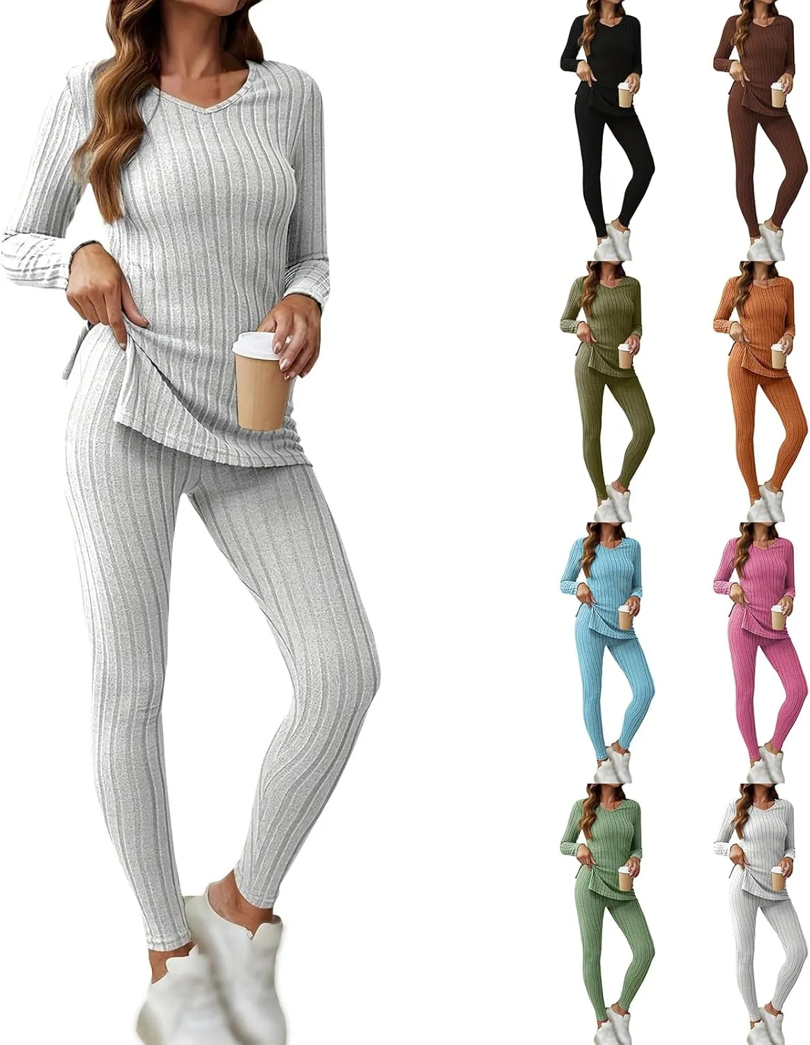 2 Piece Outfits for Women V Neck Long Sleeve Split Tunic Comfortable Soft Knitted Pants Lounge Set