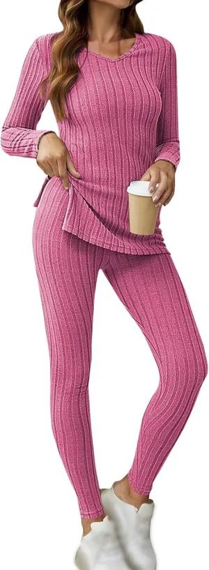 2 Piece Outfits for Women V Neck Long Sleeve Split Tunic Comfortable Soft Knitted Pants Lounge Set