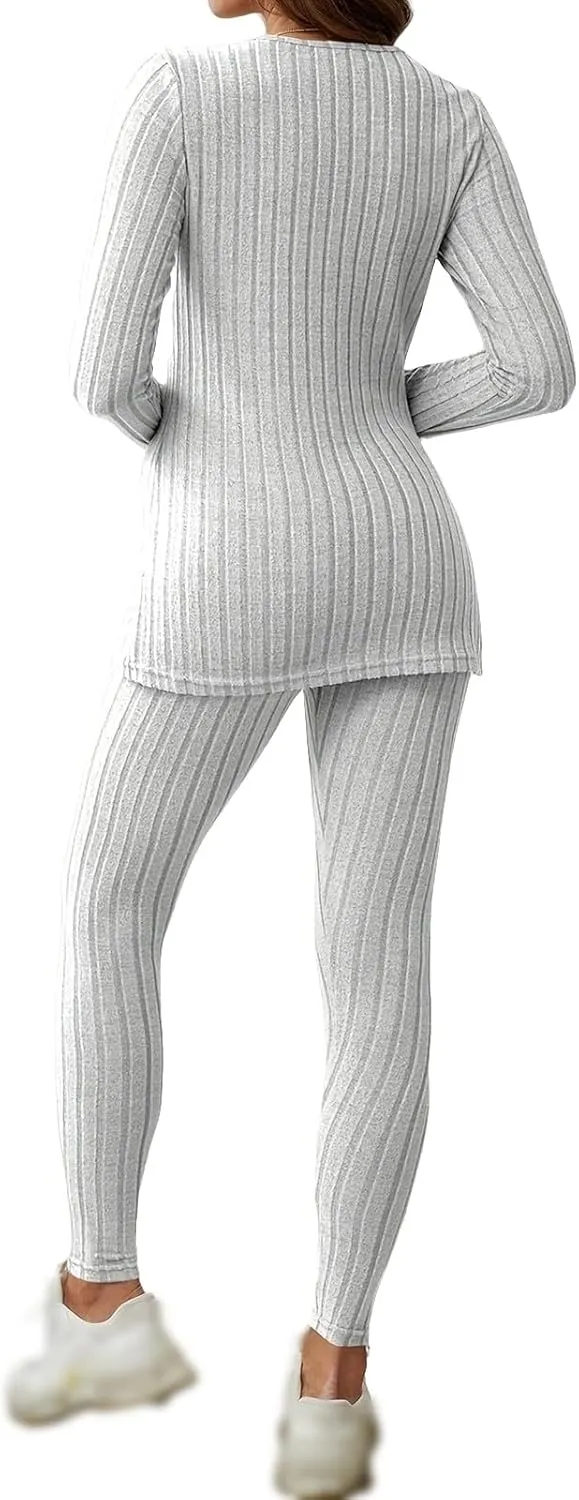 2 Piece Outfits for Women V Neck Long Sleeve Split Tunic Comfortable Soft Knitted Pants Lounge Set