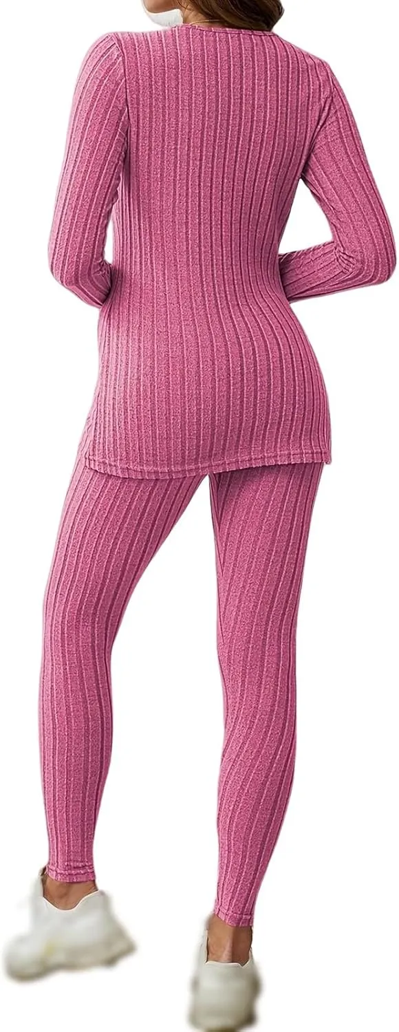 2 Piece Outfits for Women V Neck Long Sleeve Split Tunic Comfortable Soft Knitted Pants Lounge Set