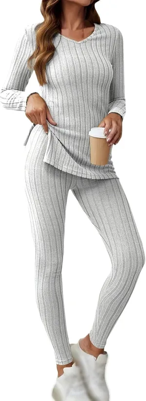 2 Piece Outfits for Women V Neck Long Sleeve Split Tunic Comfortable Soft Knitted Pants Lounge Set