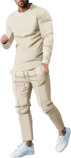 2023 Men's Tracksuit 2 Piece Outfits Plain Long Sleeve Tshirt and Sweatpants Sweatsuit Sets Casual Jogging Athletic Suits