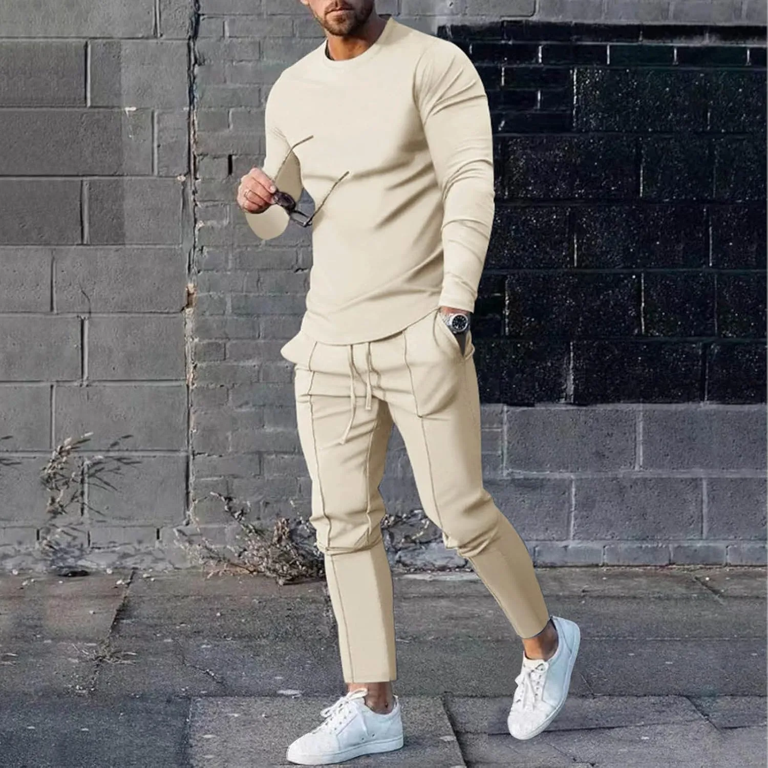 2023 Men's Tracksuit 2 Piece Outfits Plain Long Sleeve Tshirt and Sweatpants Sweatsuit Sets Casual Jogging Athletic Suits
