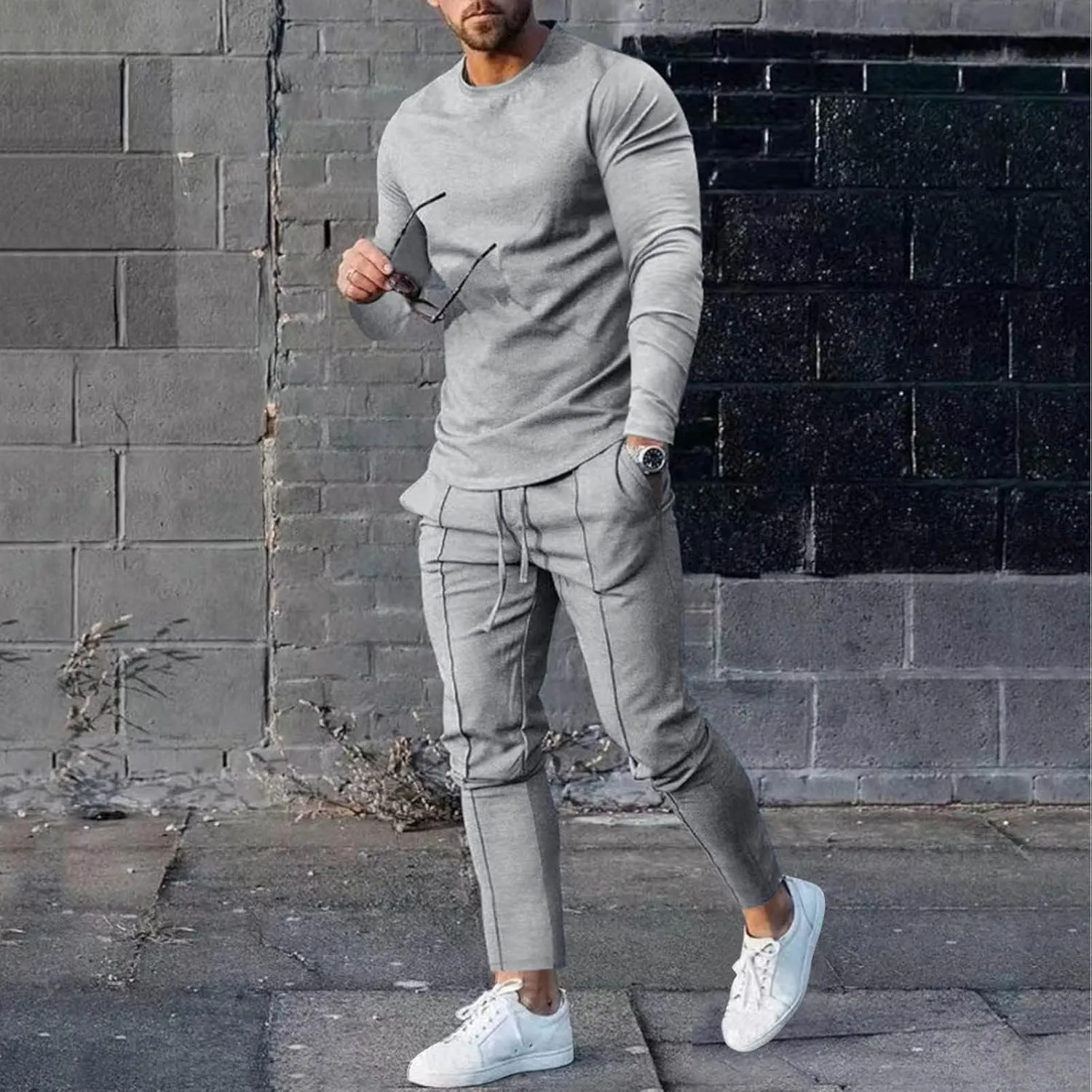 2023 Men's Tracksuit 2 Piece Outfits Plain Long Sleeve Tshirt and Sweatpants Sweatsuit Sets Casual Jogging Athletic Suits