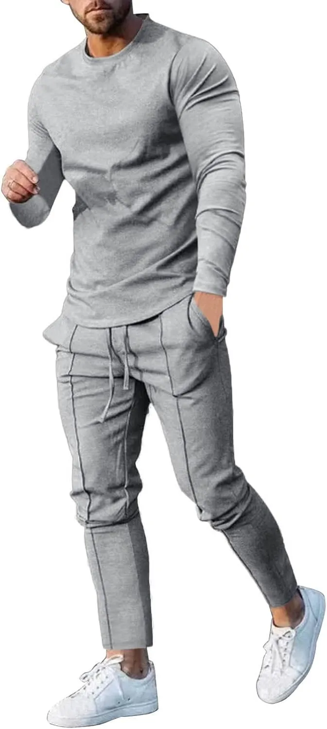 2023 Men's Tracksuit 2 Piece Outfits Plain Long Sleeve Tshirt and Sweatpants Sweatsuit Sets Casual Jogging Athletic Suits
