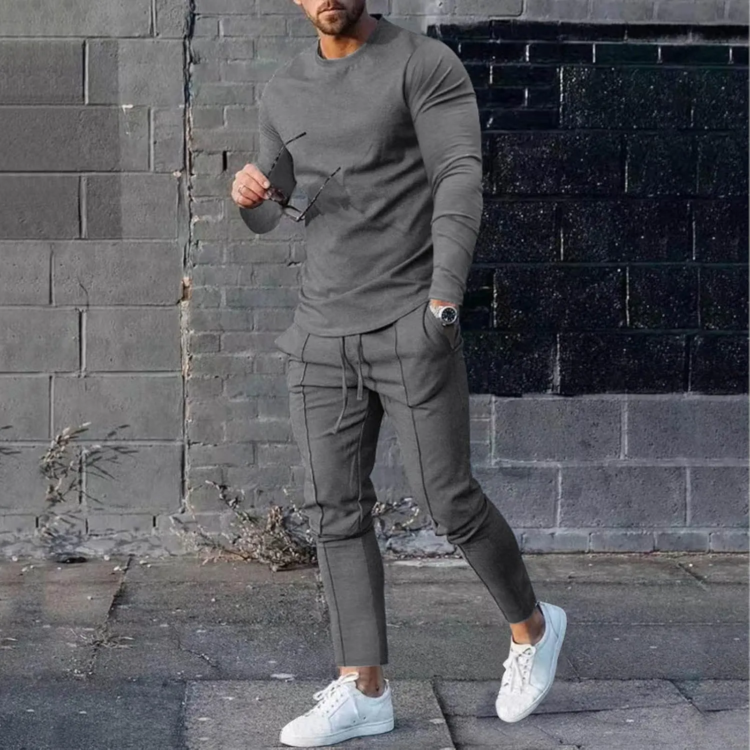 2023 Men's Tracksuit 2 Piece Outfits Plain Long Sleeve Tshirt and Sweatpants Sweatsuit Sets Casual Jogging Athletic Suits
