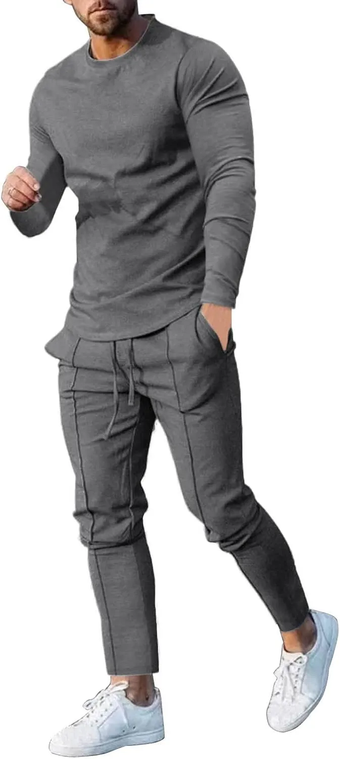 2023 Men's Tracksuit 2 Piece Outfits Plain Long Sleeve Tshirt and Sweatpants Sweatsuit Sets Casual Jogging Athletic Suits
