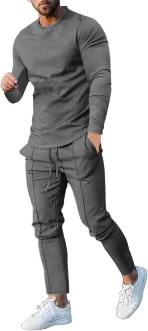 2023 Men's Tracksuit 2 Piece Outfits Plain Long Sleeve Tshirt and Sweatpants Sweatsuit Sets Casual Jogging Athletic Suits