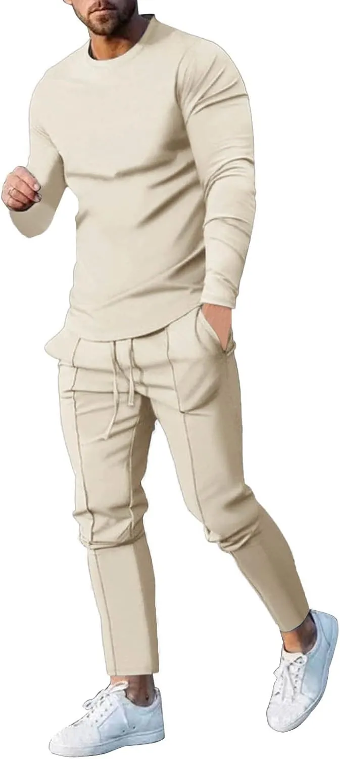 2023 Men's Tracksuit 2 Piece Outfits Plain Long Sleeve Tshirt and Sweatpants Sweatsuit Sets Casual Jogging Athletic Suits