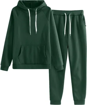 2024 2 Piece Sweatsuits for Women Solid Color Hoodie and Sweatpant Set Jogger Drawstring Tracksuit with Kangaroo Pockets