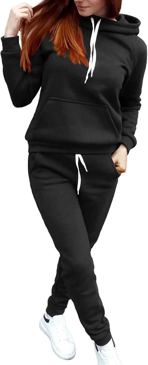 2024 2 Piece Sweatsuits for Women Solid Color Hoodie and Sweatpant Set Jogger Drawstring Tracksuit with Kangaroo Pockets