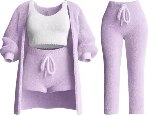 4 Piece Lounge Sets for Women Knit Sweater Cardigan Cropped Tank Tops Shorts Long Pants Fleece Pajamas Set
