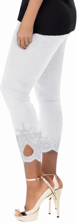 7/8 Leggings with Pockets for Women Plus Size High Waisted Capri Cropped Leggings Stretch Lace Trim Soft Tights Yoga Pants