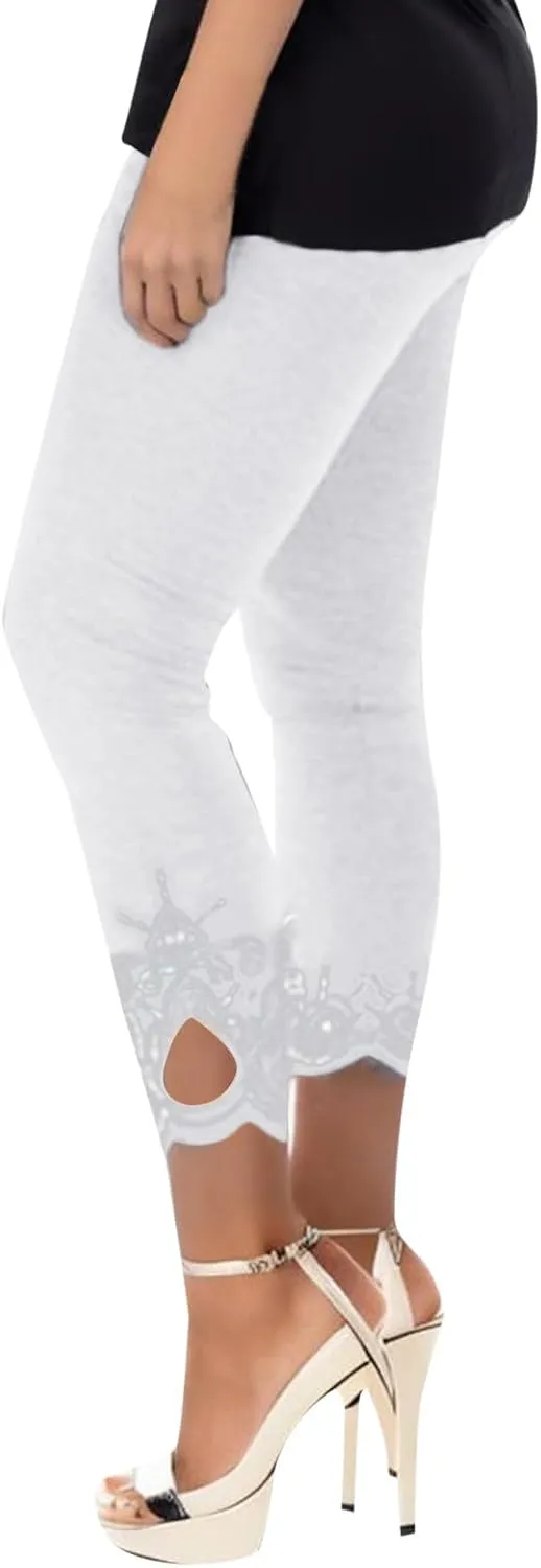 7/8 Leggings with Pockets for Women Plus Size High Waisted Capri Cropped Leggings Stretch Lace Trim Soft Tights Yoga Pants