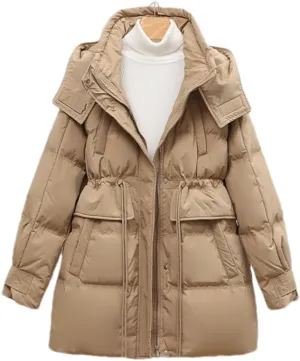 Adhdyuud Women White Duck Down Jacket Winter Warm Hooded Puffer Coat Parka Adjustable Waist Warm Outwear