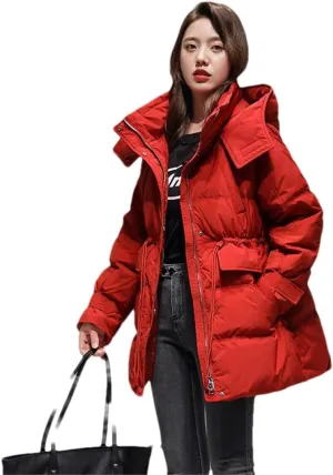 Adhdyuud Women White Duck Down Jacket Winter Warm Hooded Puffer Coat Parka Adjustable Waist Warm Outwear