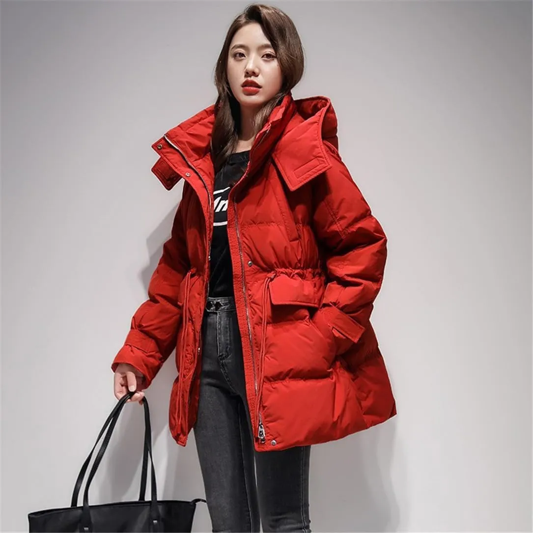 Adhdyuud Women White Duck Down Jacket Winter Warm Hooded Puffer Coat Parka Adjustable Waist Warm Outwear