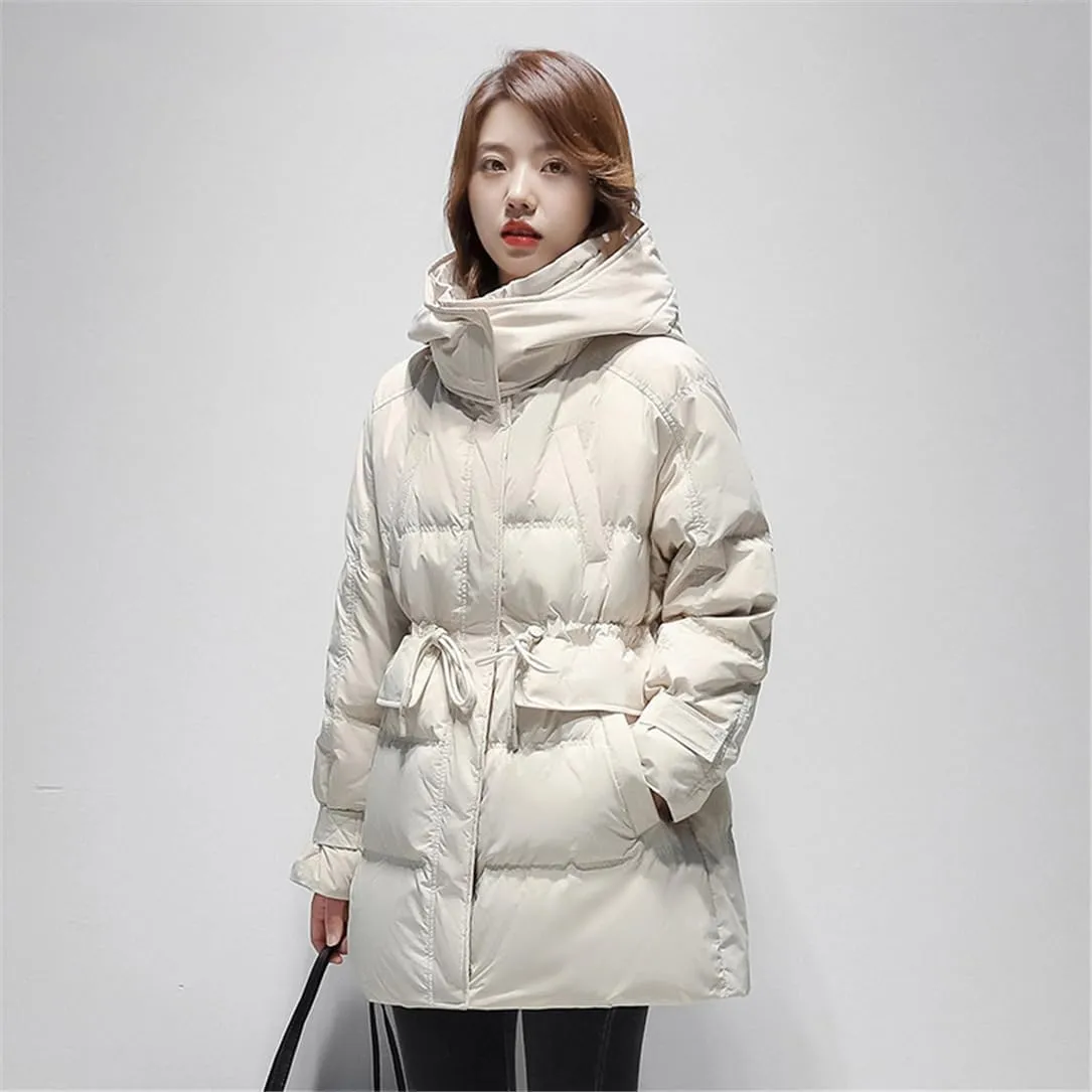 Adhdyuud Women White Duck Down Jacket Winter Warm Hooded Puffer Coat Parka Adjustable Waist Warm Outwear