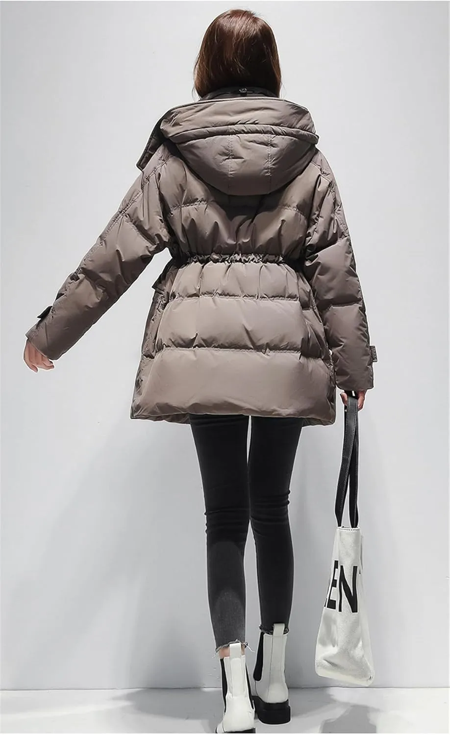 Adhdyuud Women White Duck Down Jacket Winter Warm Hooded Puffer Coat Parka Adjustable Waist Warm Outwear