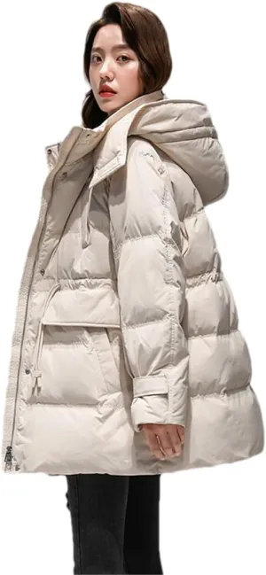 Adhdyuud Women White Duck Down Jacket Winter Warm Hooded Puffer Coat Parka Adjustable Waist Warm Outwear