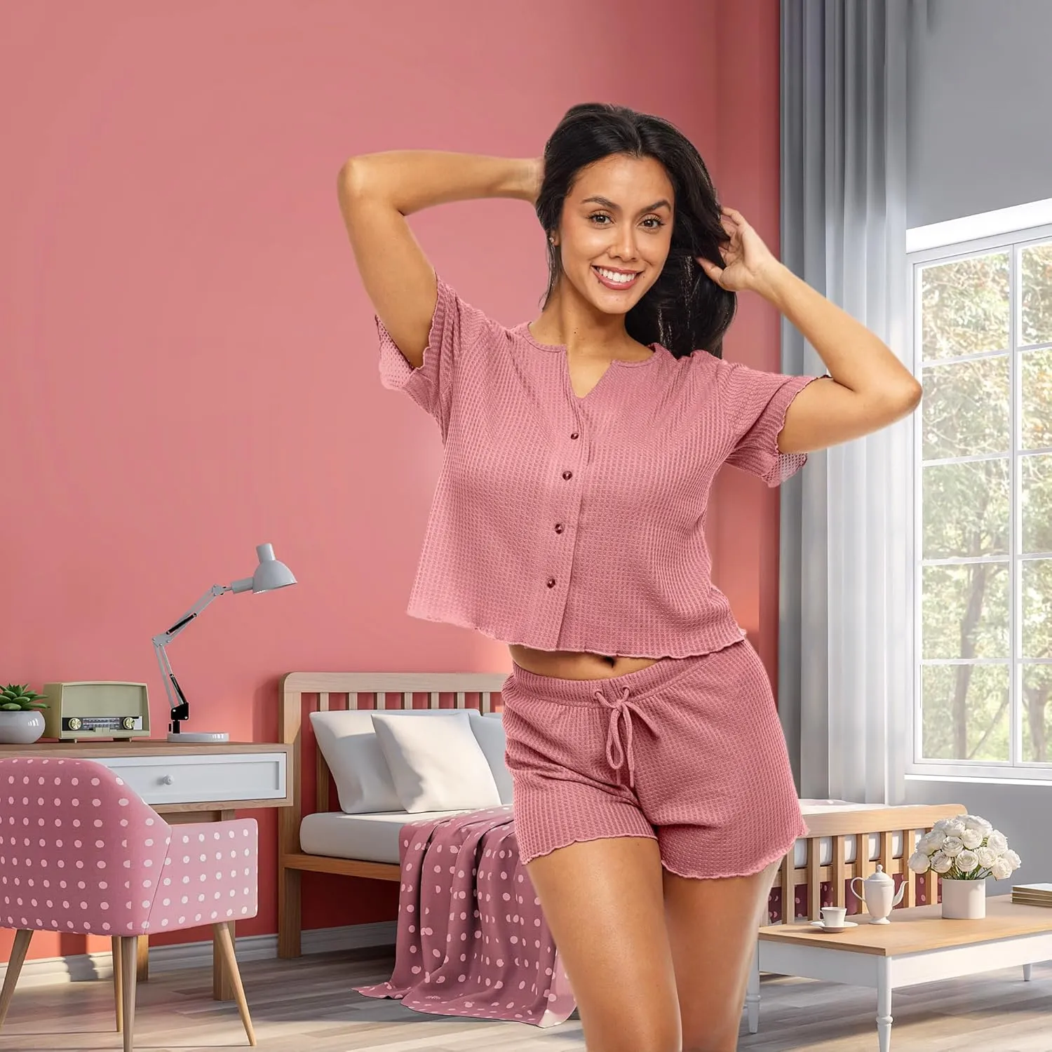 Alexander Del Rossa Women's Soft Ribbed Waffle Rib Knit Pajamas Lounge Set, Short Sleeve Button Up Top and Pajama Shorts