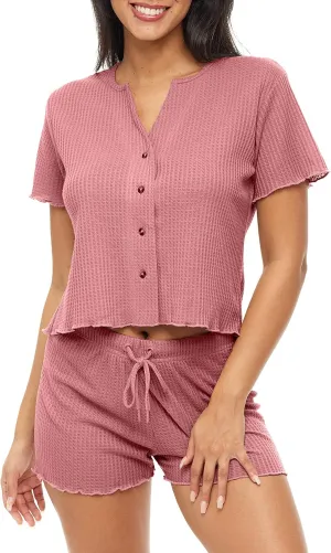 Alexander Del Rossa Women's Soft Ribbed Waffle Rib Knit Pajamas Lounge Set, Short Sleeve Button Up Top and Pajama Shorts