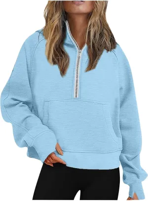 Aniywn Sweatshirts for Women Cropped Hoodies Half Zip Fleece Pullover Quarter Zipper Hoodies Outfits Clothes with Thumb Hole