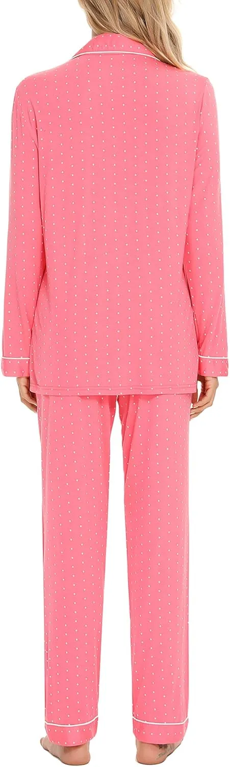 Anjue Pajamas for Women Soft Button Up Pajama Set Long Sleeve Shirt and Pajama Pants Lounge Sets S-XXL
