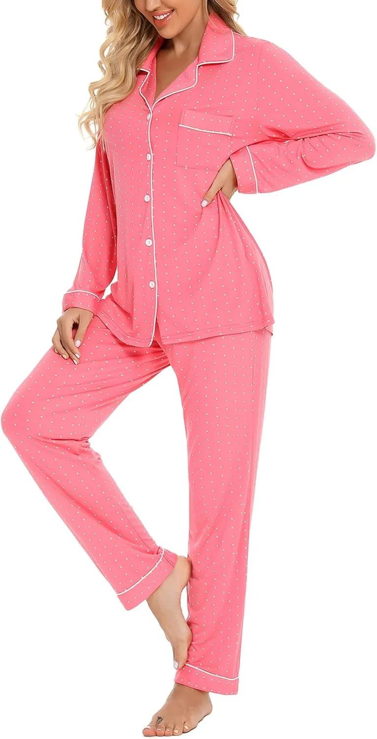 Anjue Pajamas for Women Soft Button Up Pajama Set Long Sleeve Shirt and Pajama Pants Lounge Sets S-XXL