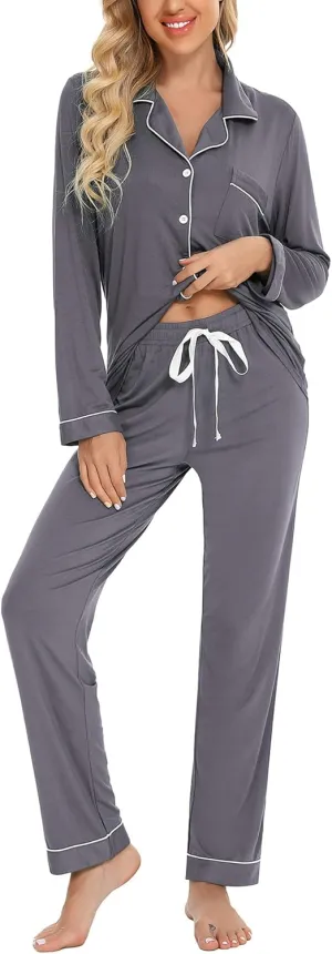 Anjue Pajamas for Women Soft Button Up Pajama Set Long Sleeve Shirt and Pajama Pants Lounge Sets S-XXL