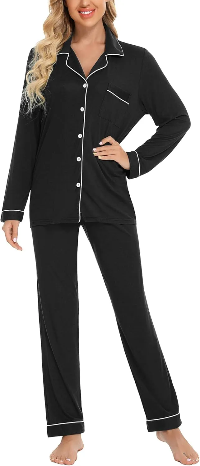 Anjue Pajamas for Women Soft Button Up Pajama Set Long Sleeve Shirt and Pajama Pants Lounge Sets S-XXL