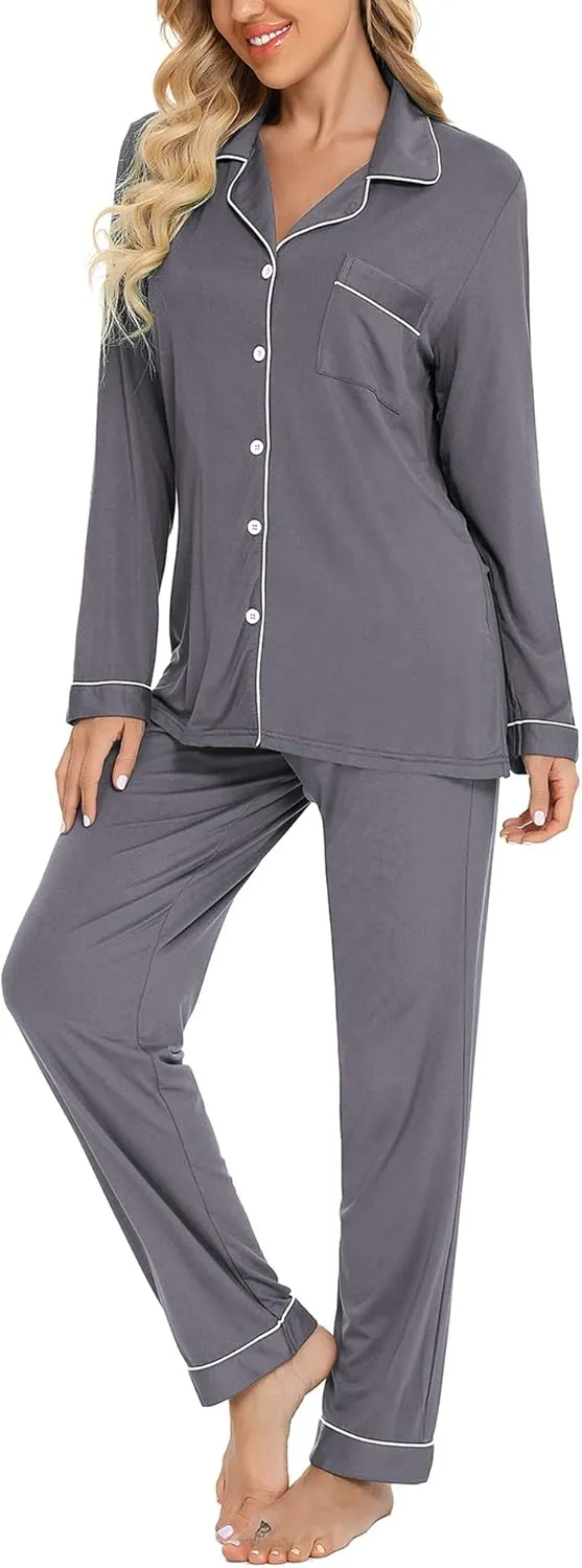 Anjue Pajamas for Women Soft Button Up Pajama Set Long Sleeve Shirt and Pajama Pants Lounge Sets S-XXL
