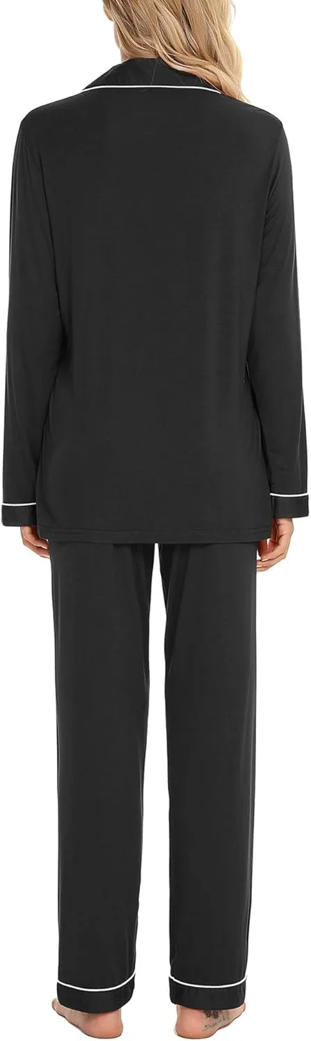 Anjue Pajamas for Women Soft Button Up Pajama Set Long Sleeve Shirt and Pajama Pants Lounge Sets S-XXL