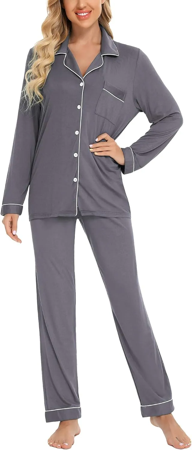 Anjue Pajamas for Women Soft Button Up Pajama Set Long Sleeve Shirt and Pajama Pants Lounge Sets S-XXL