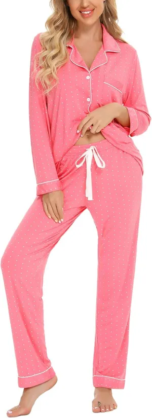 Anjue Pajamas for Women Soft Button Up Pajama Set Long Sleeve Shirt and Pajama Pants Lounge Sets S-XXL