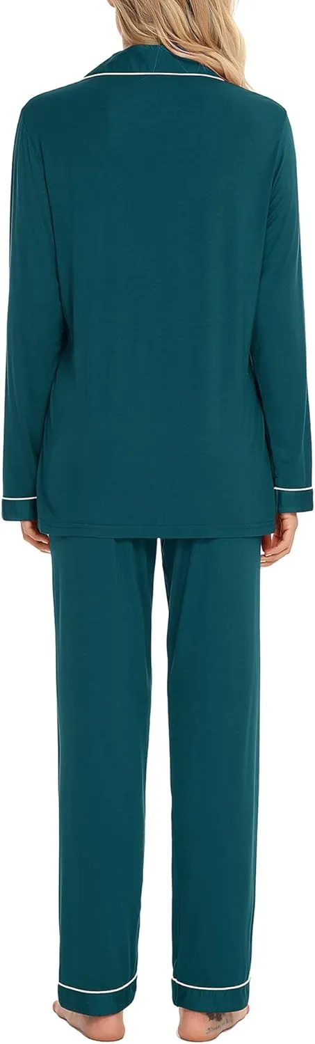 Anjue Pajamas for Women Soft Button Up Pajama Set Long Sleeve Shirt and Pajama Pants Lounge Sets S-XXL