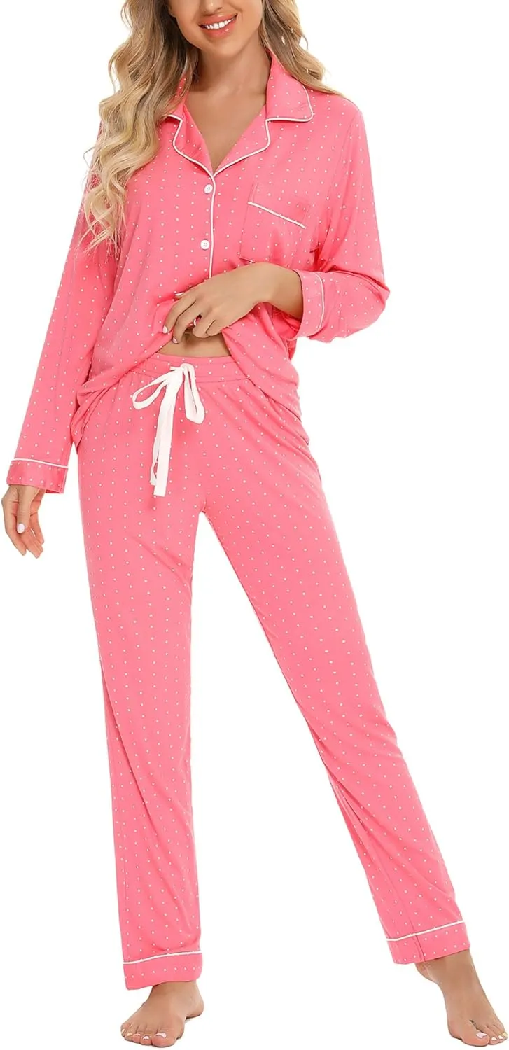 Anjue Pajamas for Women Soft Button Up Pajama Set Long Sleeve Shirt and Pajama Pants Lounge Sets S-XXL
