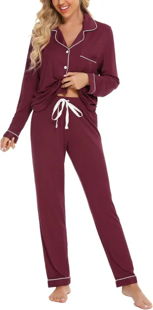Anjue Pajamas for Women Soft Button Up Pajama Set Long Sleeve Shirt and Pajama Pants Lounge Sets S-XXL