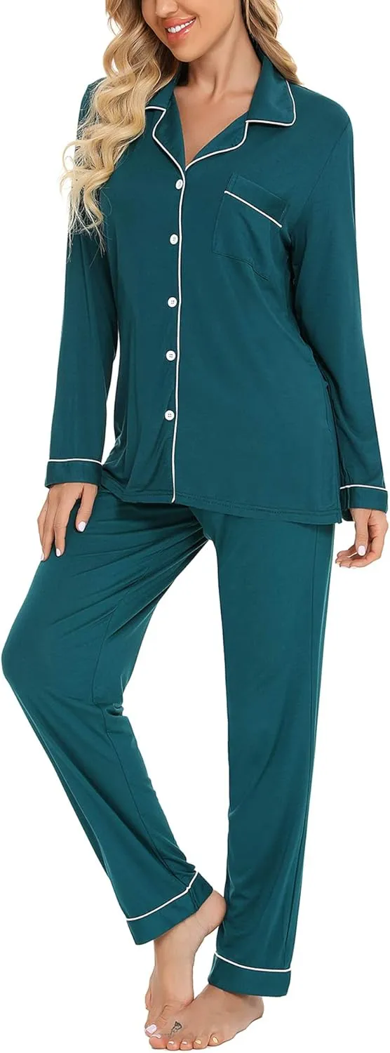 Anjue Pajamas for Women Soft Button Up Pajama Set Long Sleeve Shirt and Pajama Pants Lounge Sets S-XXL