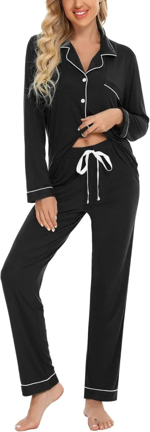 Anjue Pajamas for Women Soft Button Up Pajama Set Long Sleeve Shirt and Pajama Pants Lounge Sets S-XXL
