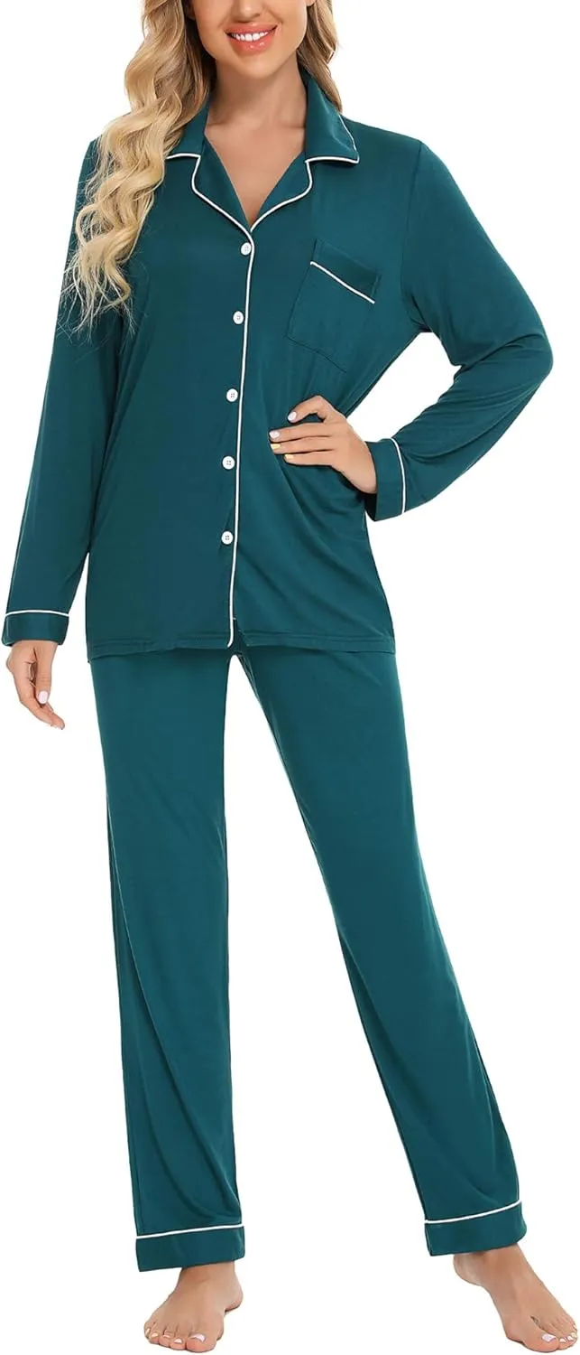 Anjue Pajamas for Women Soft Button Up Pajama Set Long Sleeve Shirt and Pajama Pants Lounge Sets S-XXL